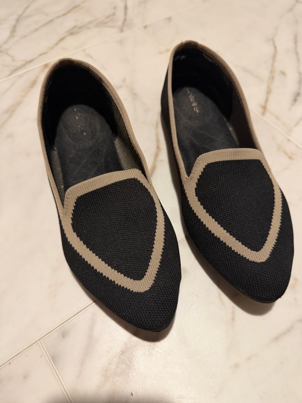 Birdies Black Knit Pointed Flats with Taupe Trim